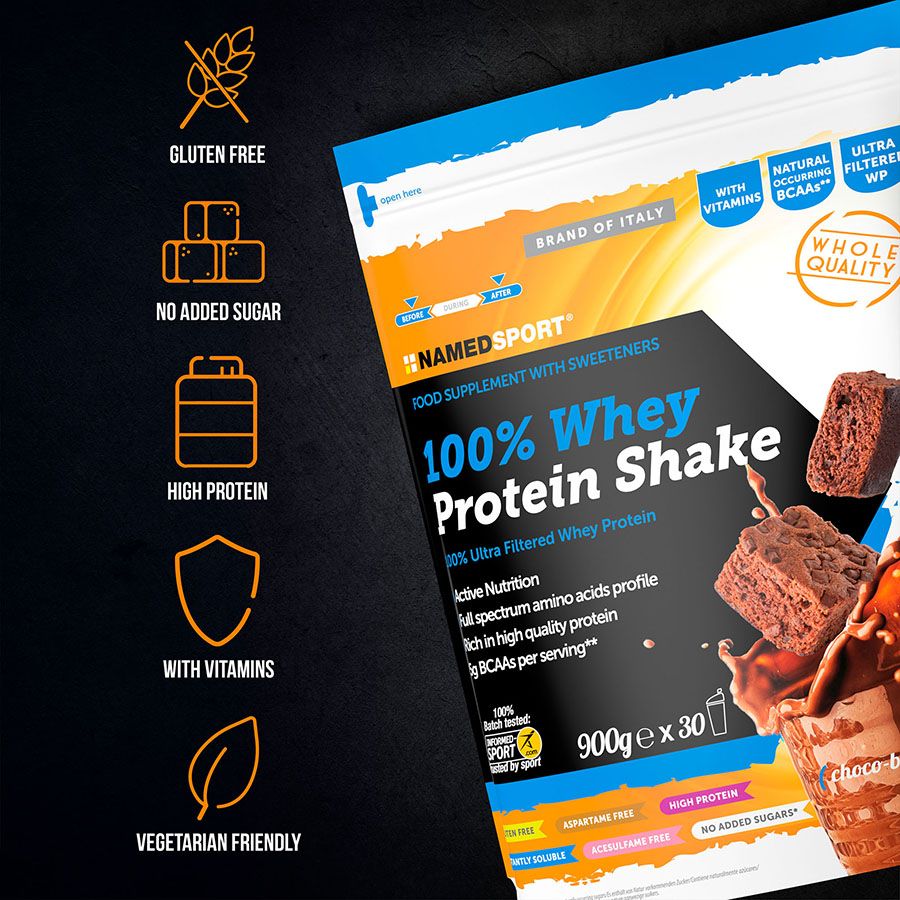 100% WHEY PROTEIN SHAKE> Choco-Brownie, 900 gr, Named Sport