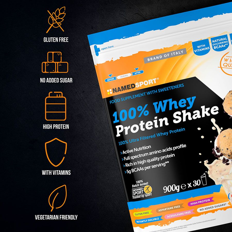 100% WHEY PROTEIN SHAKE> Cookies & Cream, 900 gr, Named Sport