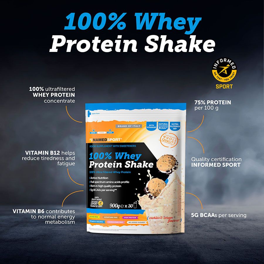 100% WHEY PROTEIN SHAKE> Cookies & Cream, 900 gr, Named Sport-