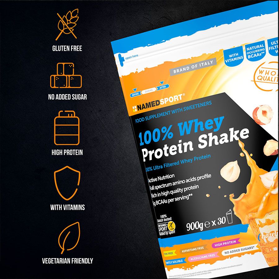 100% WHEY PROTEIN SHAKE> Hazelnut Cream, 900 gr, Named Sport