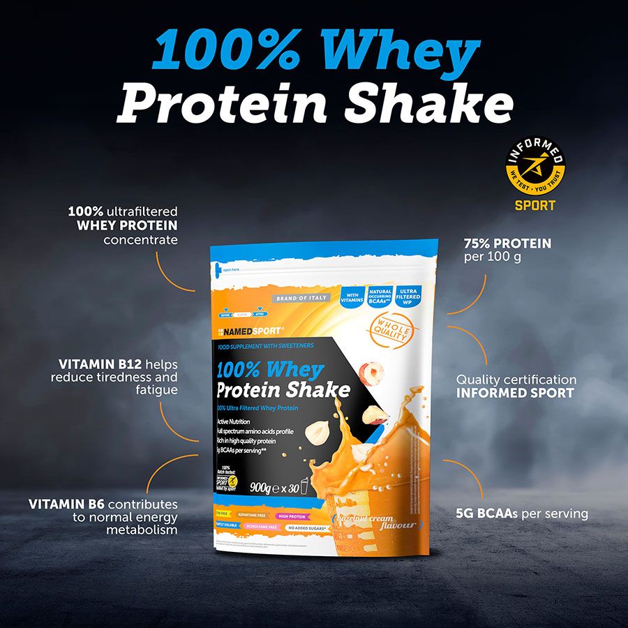 100% WHEY PROTEIN SHAKE> Hazelnut Cream, 900 gr, Named Sport