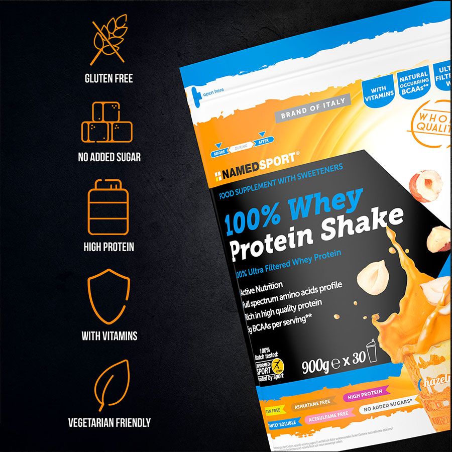 100% WHEY PROTEIN SHAKE> Hazelnut Cream, 900 gr, Named Sport-