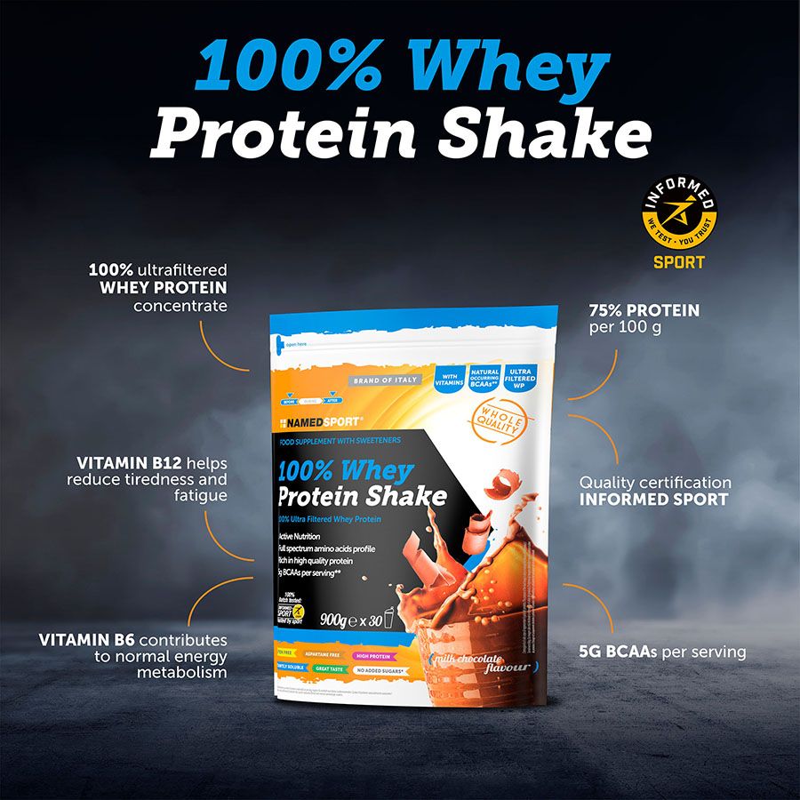 100% WHEY PROTEIN SHAKE> Milk Chocolate, 900 gr, Named Sport