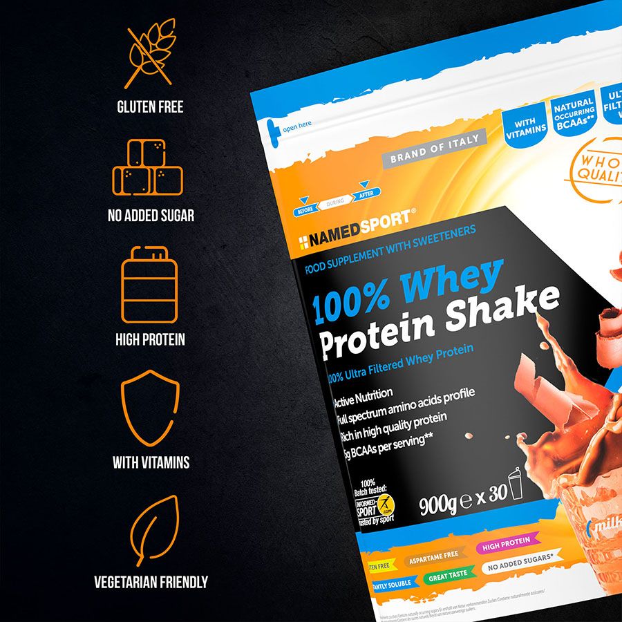 100% WHEY PROTEIN SHAKE> Milk Chocolate, 900 gr, Named Sport