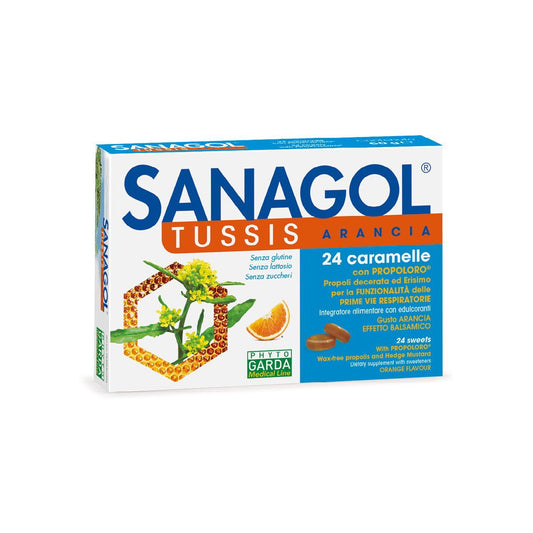 Bomboane de supt pentru gat, Sanagol Tussis Arancia, 24 comprimate, Phyto Garda-