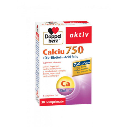 Calciu 750 Vitamina D3 Biotina Acid Folic, 30 comprimate, Doppelherz-