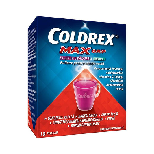 Coldrex MaxGrip cu fructe de padure si mentol, 10 plicuri, Perrigo-