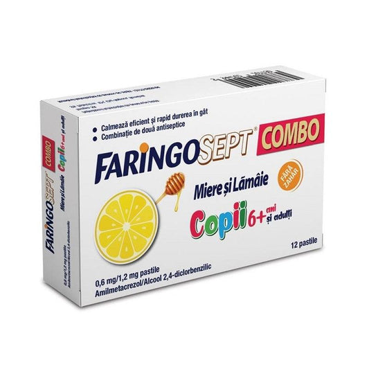 Faringosept Combo Miere si Lamaie, copii 6+ si adulti, 0,6 mg/1,2 mg, 12 pastile, Terapia-