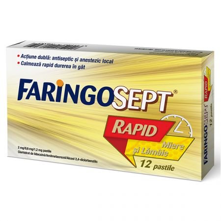 Faringosept Rapid cu aroma de miere si lamaie, 2 mg/0,6 mg/1,2 mg, 12 pastile, Terapia-