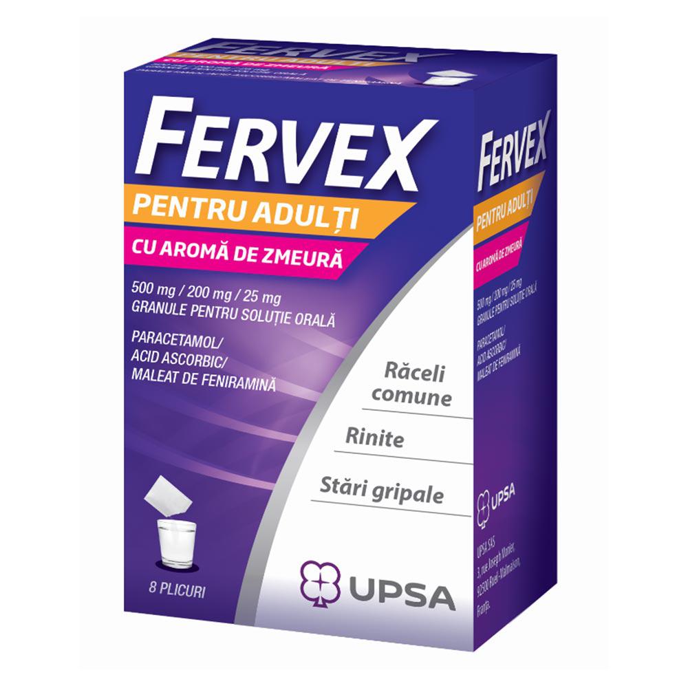 Fervex cu aroma de zmeura, 500mg/200mg/25mg, 8 plicuri, Upsa-