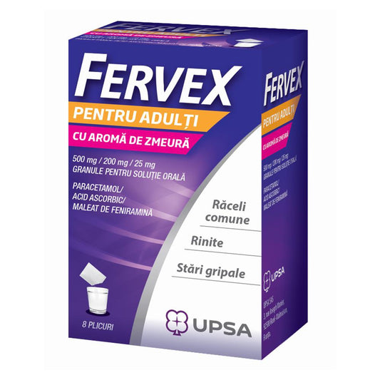 Fervex cu aroma de zmeura, 500mg/200mg/25mg, 8 plicuri, Upsa