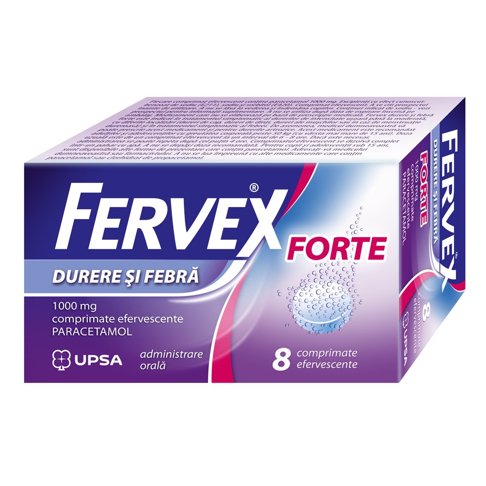 Fervex Durere si Febra Forte, 1000 mg, 8 comprimate efervescente, Upsa-3585555004507