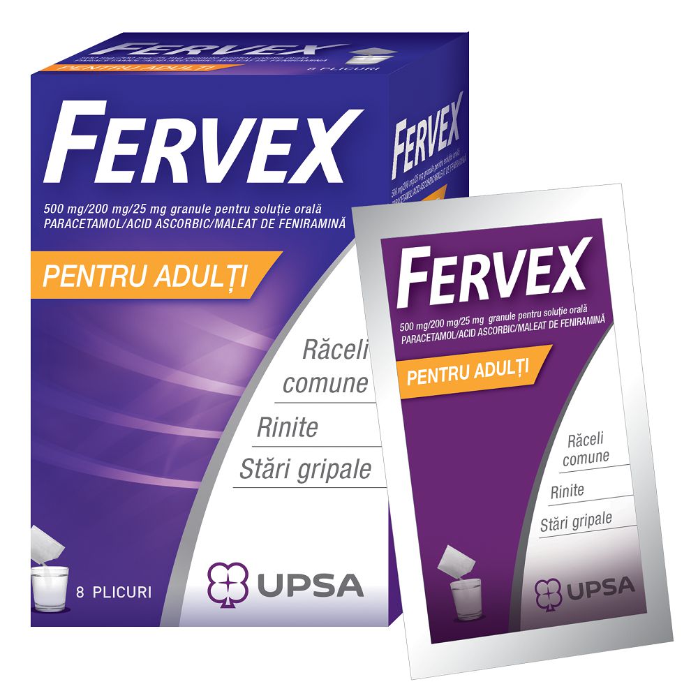 Fervex pentru adulti, 500mg/200mg/25mg, 8 plicuri, Upsa-