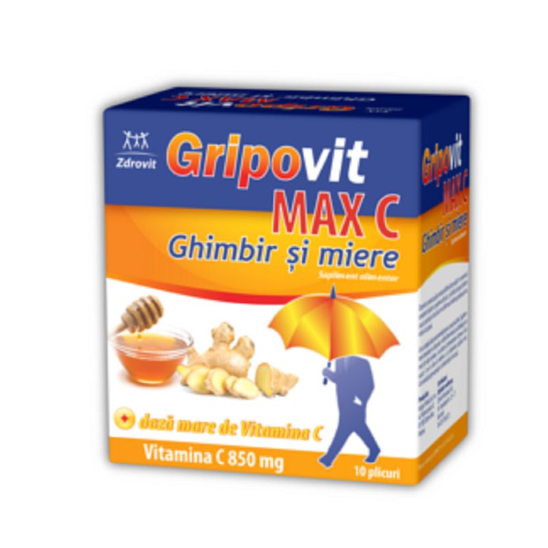 Gripovit Max C ghimbir si miere, 10 plicuri, Zdrovit