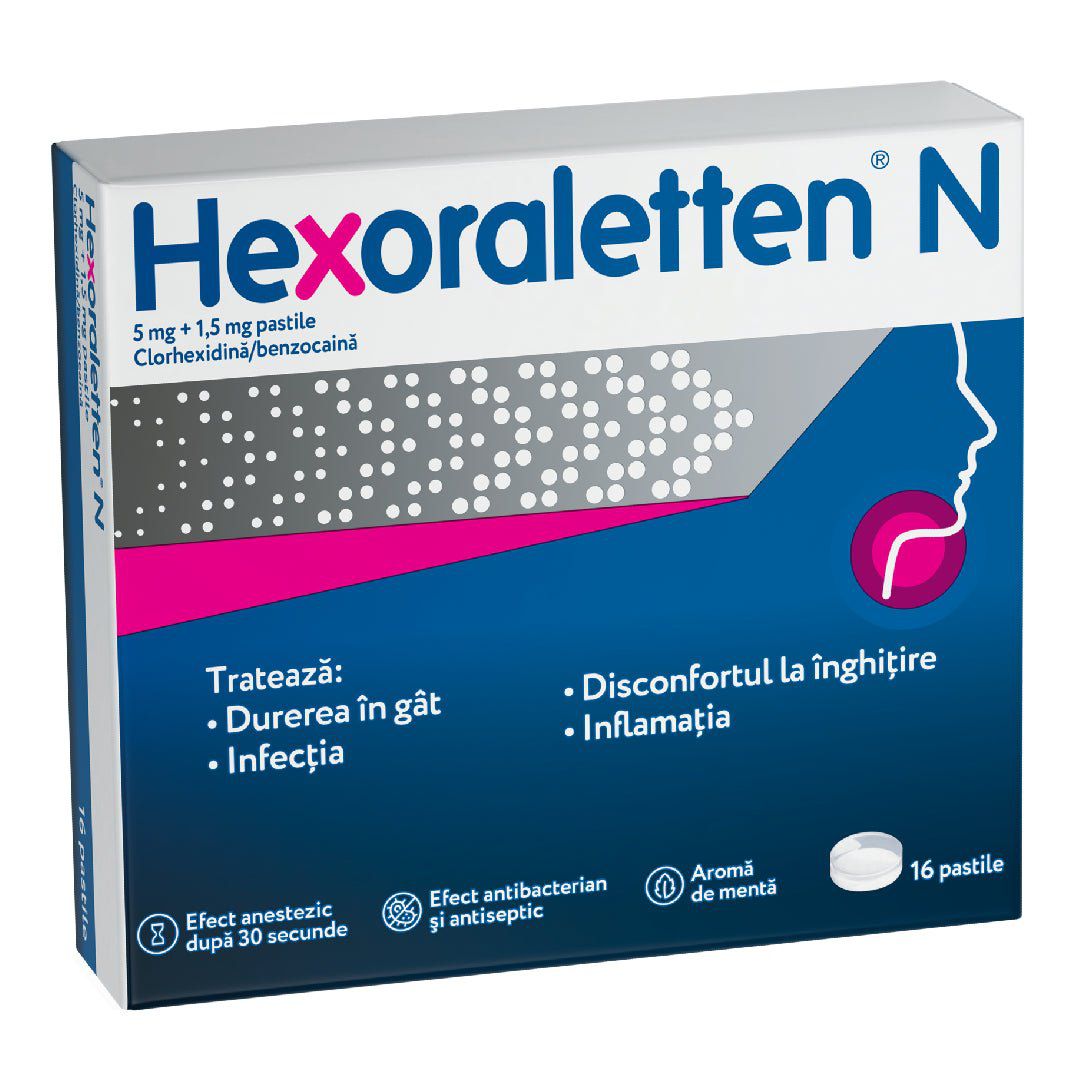 Hexoraletten N, 5 mg+1,5 mg, 16 pastile, Johnson&Johnson