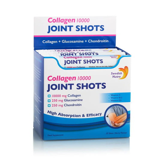 Joint Shots – Colagen lichid hidrolizat de tip 1, 2 și 3 cu 10.000mg + Glucozamină Sulfat + MSM + Condroitină + Turmeric + Ceai verde + Vitamina B12, C și D3 – Cutie cu 20 de fiole - 7350122360661