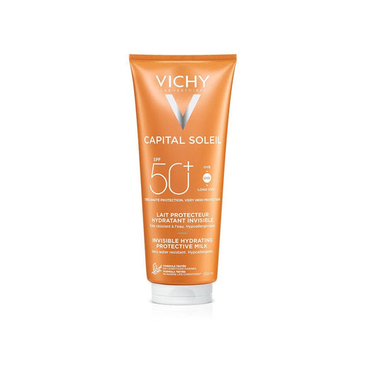 Lapte hidratant de protectie solara SPF 50+ pentru fara si corp Capital Soleil, 300 mililitri, Vichy-