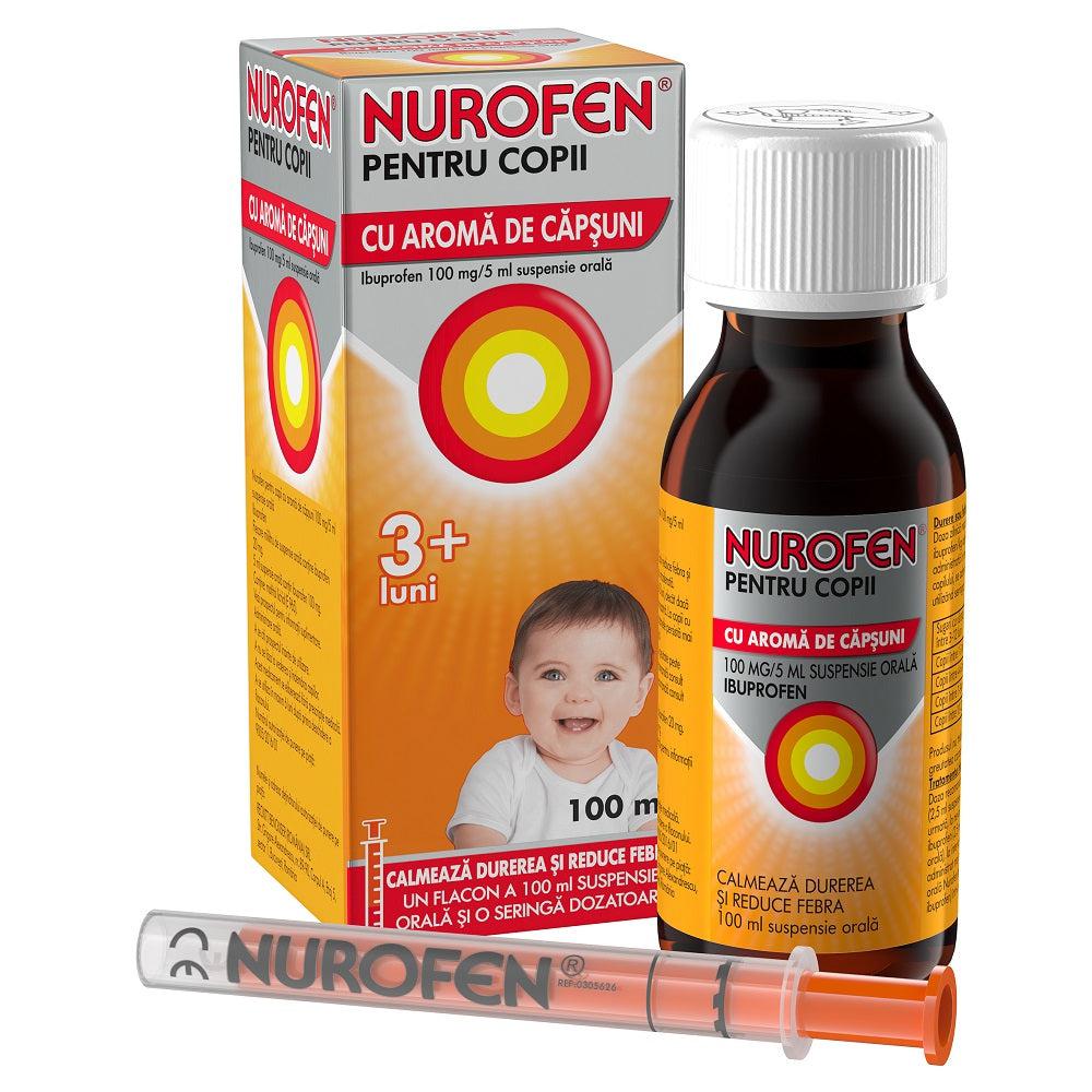 Nurofen cu aroma de capsuni pentru copii 3+ luni, 100 mg/5 ml, 100 ml, Reckitt Benckiser-