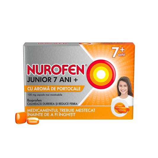 Nurofen Junior cu aroma de portocale 7+ ani, 100 mg, 12 capsule moi masticabile, Reckitt Benckiser