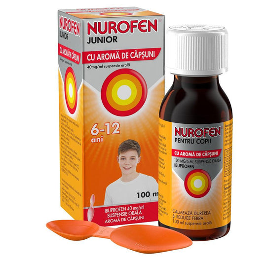 Nurofen Junior cu aroma de capsuni, 6-12 ani, 40 mg/ml, 100 ml, Reckitt Benckiser-