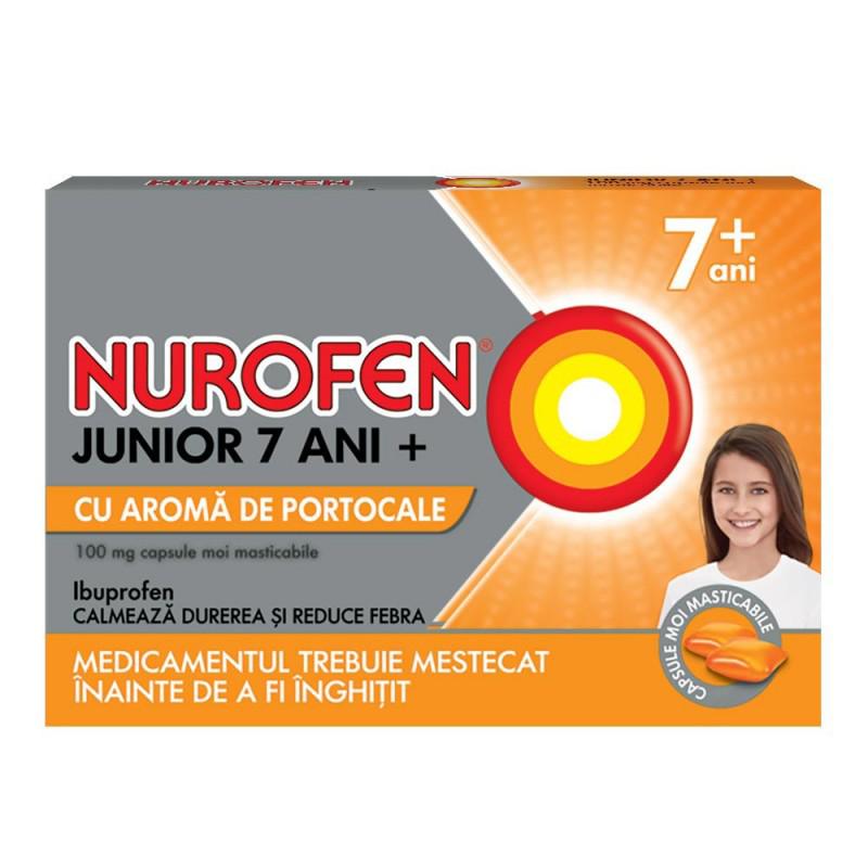 Nurofen Junior cu aroma de portocale 7+ ani, 100 mg, 24 capsule moi masticabile, Reckitt Benckiser-