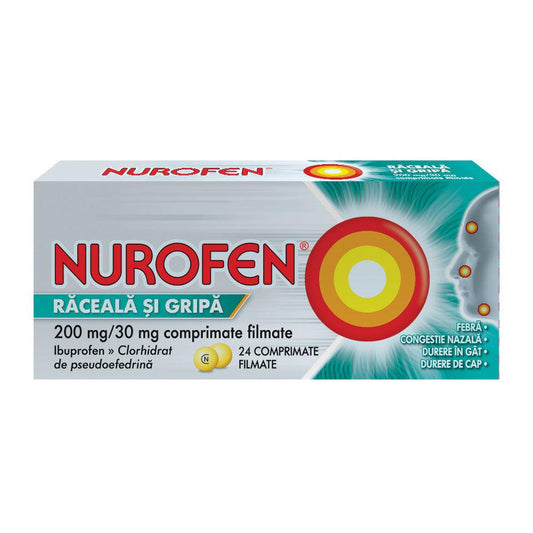 Nurofen Raceala si Gripa, 200 miligrame/30 miligrame, 24 comprimate filmate, Reckitt Benckiser-