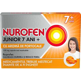 Nurofen Junior cu aroma de portocale 7+ ani, 100 mg, 24 capsule moi masticabile, Reckitt Benckiser