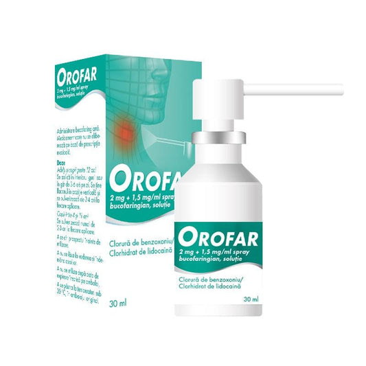 Orofar, 2 mg + 1,5 mg/ml spray bucofaringian, soluţie, 30 ml, Stada-