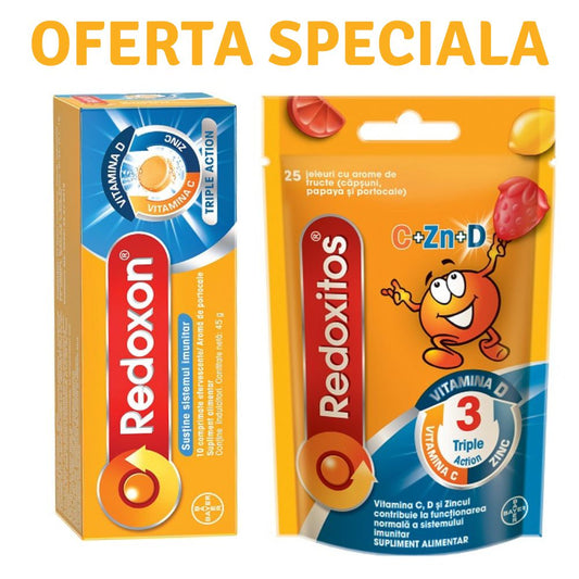 Pachet Redoxon Triple Action Vitamina C, D si Zinc, 10 comprimate + Jeleuri cu vitamina C 30 mg Redoxitos Triple Action, 25 bucati, Bayer