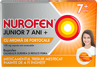 Nurofen Junior cu aroma de portocale 7+ ani, 100 mg, 24 capsule moi masticabile, Reckitt Benckiser