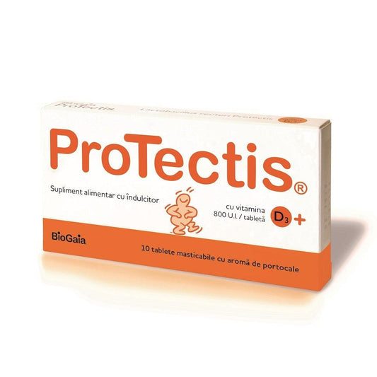 Protectis cu vitamina D3 800 UI cu aroma de portocale, 10 tablete masticabile, BioGaia-