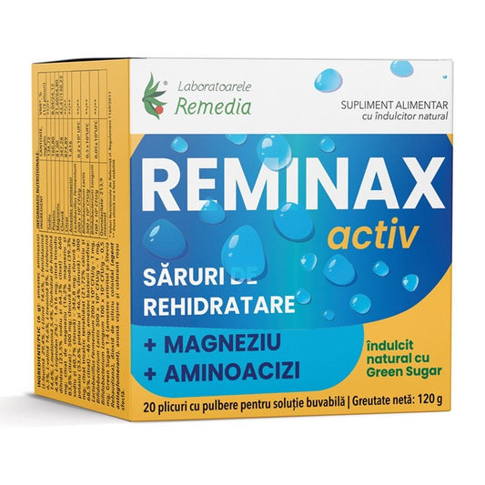 Reminax Activ saruri rehidratare + magneziu si aminoacizi, 20 plicuri, Remedia - 5944747008613