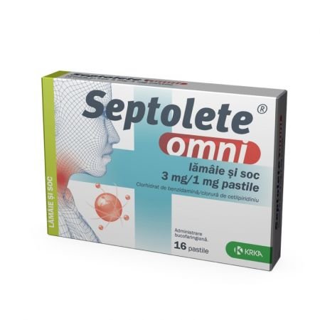 Septolete omni lamaie si soc, 3 mg/1 mg, 16 pastile, Krka-