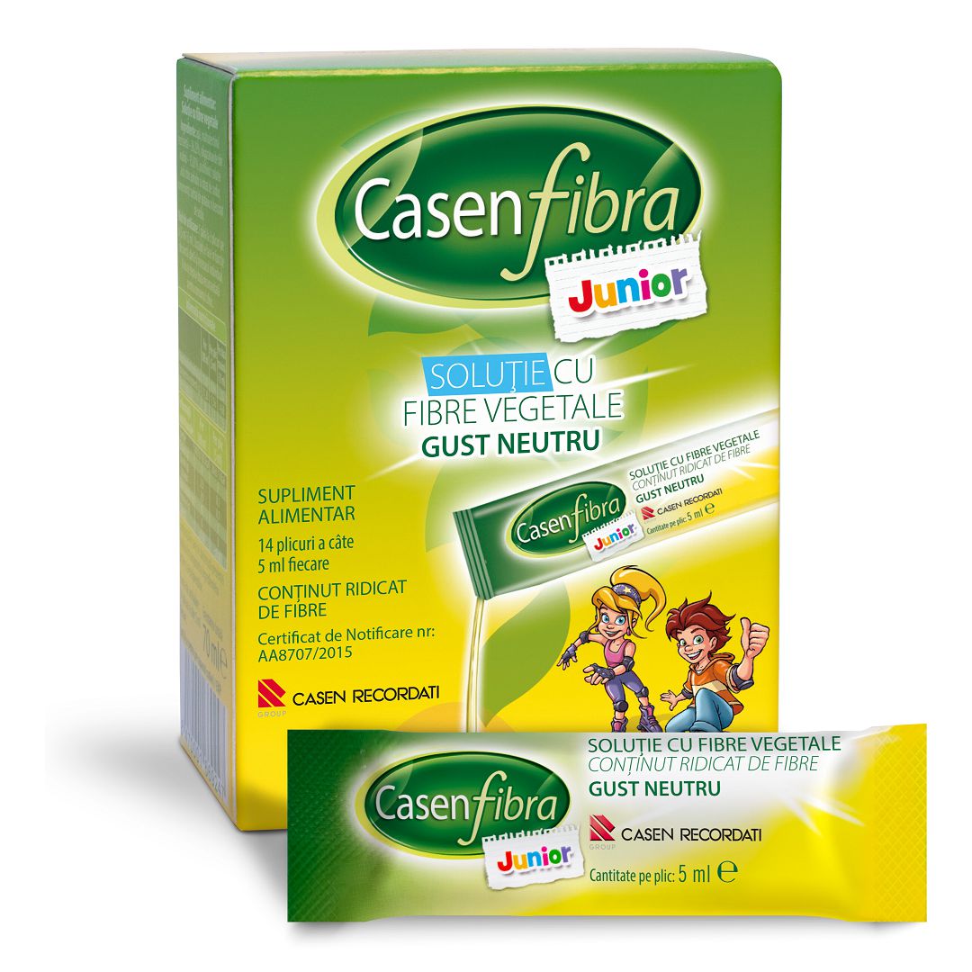 Solutie cu fibre vegetale gust neutru Casen Fibra Junior, 14 plicuri, Recordati