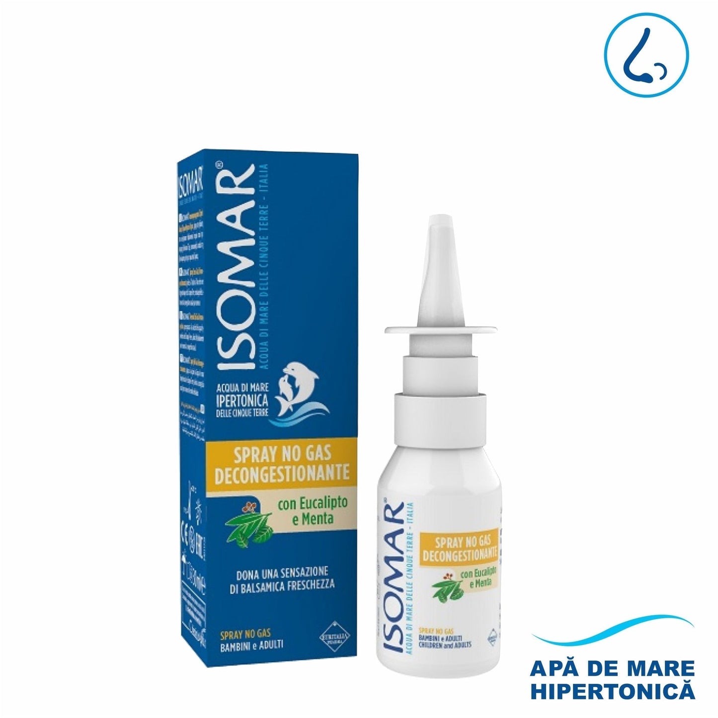 Spray nazal decongestionant cu apa de mare hipertonica, 30 ml, Eucalipt si Menta, Isomar