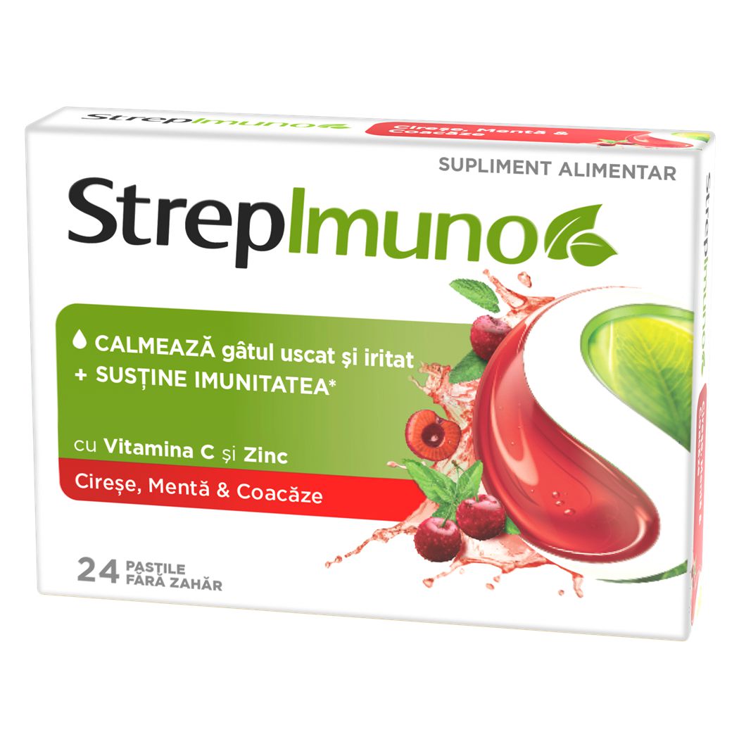 StrepImuno cu cirese, menta si coacaze, 24 pastile de supt, Reckitt Benckiser - 5949031370391