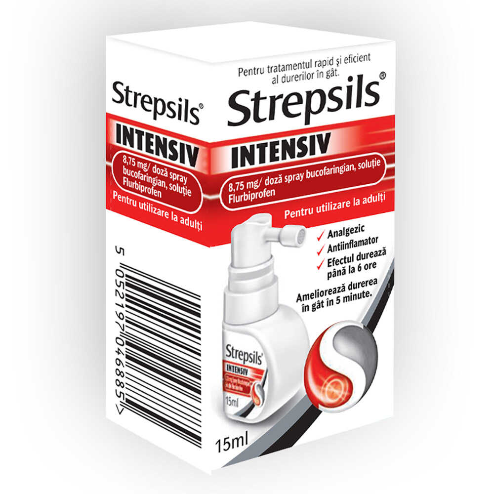 Strepsils Intensiv cirese si menta, spray bucofaringian, soluție, 8,75 mg/doză, 15 ml, Reckitt Benckiser Healthcare