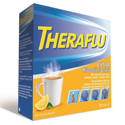 Theraflu Extra raceala si gripa, 650 mg/20 mg/10 mg, 10 plicuri, Gsk-