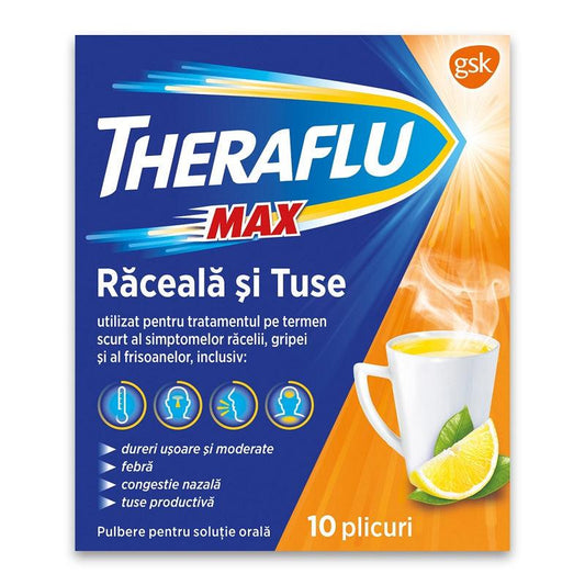 Theraflu Max raceala si tuse, 1000 mg/12,2 mg/200 mg, 10 plicuri, Gsk-