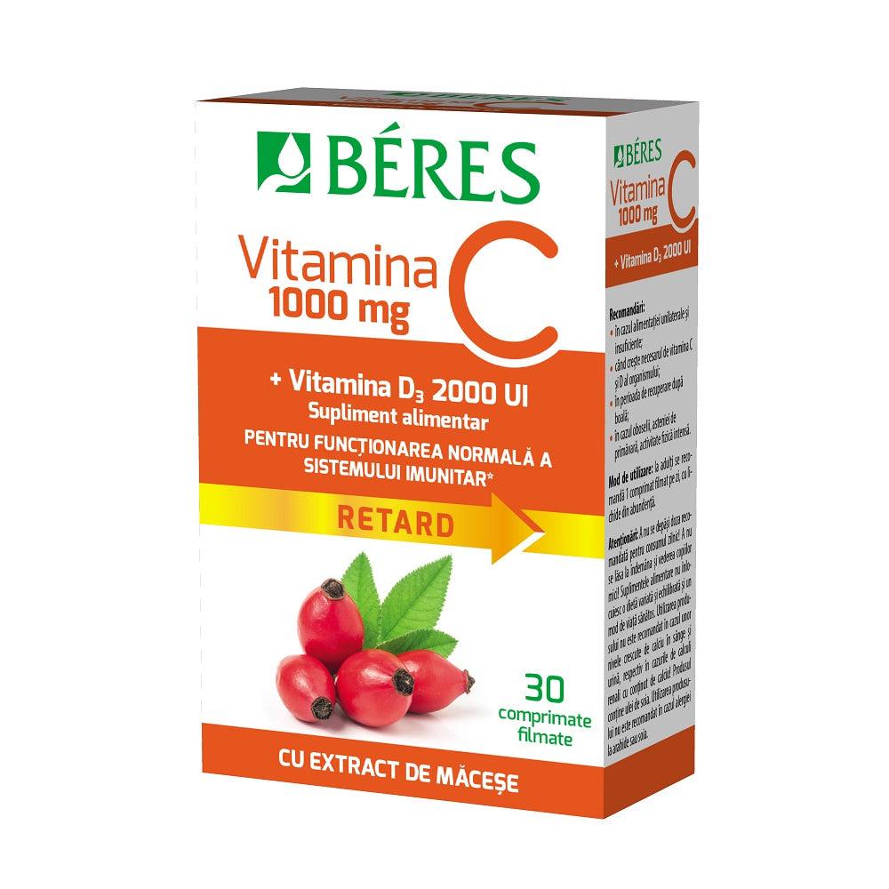 Vitamina C 1000 mg comprimat filmat RETARD + Vitamina D3 2000 UI, 30 comprimate, Beres-