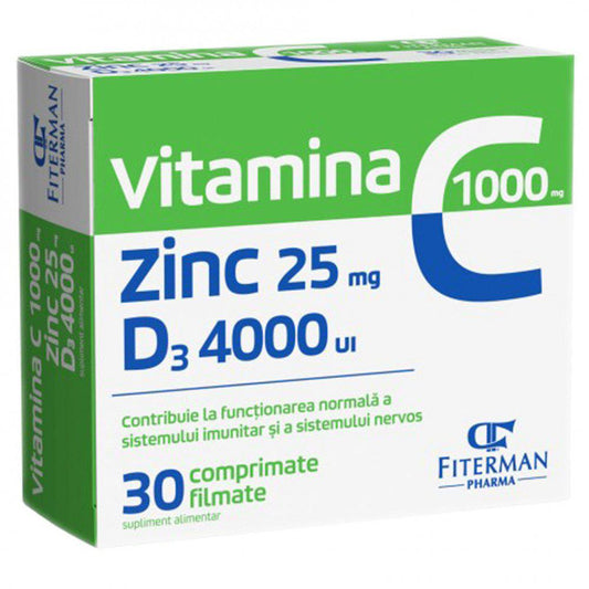 Vitamina C 1000 mg + Zn 25 mg + D3 4000UI, 30 comprimate filmate, Fiterman