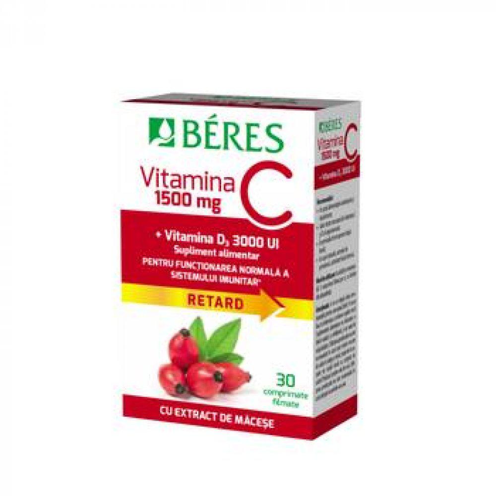 Vitamina C 1500 mg comprimat filmat RETARD + Vitamina D3 3000 UI, 30 comprimate, Beres